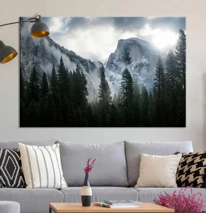 A captivating Wall Art Foggy Forest Landscape Canvas Print showcases misty mountains and pine trees. Bathed in soft light, this beautifully crafted scene on museum-quality canvas ensures a lasting impression.