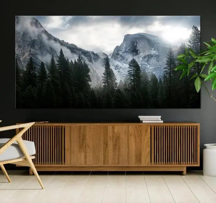 A captivating Wall Art Foggy Forest Landscape Canvas Print showcases misty mountains and pine trees. Bathed in soft light, this beautifully crafted scene on museum-quality canvas ensures a lasting impression.