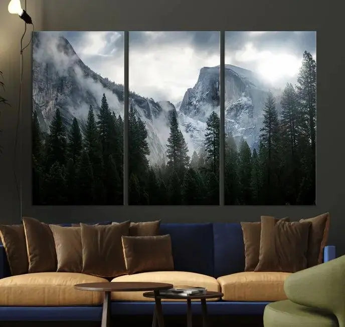 A captivating Wall Art Foggy Forest Landscape Canvas Print showcases misty mountains and pine trees. Bathed in soft light, this beautifully crafted scene on museum-quality canvas ensures a lasting impression.