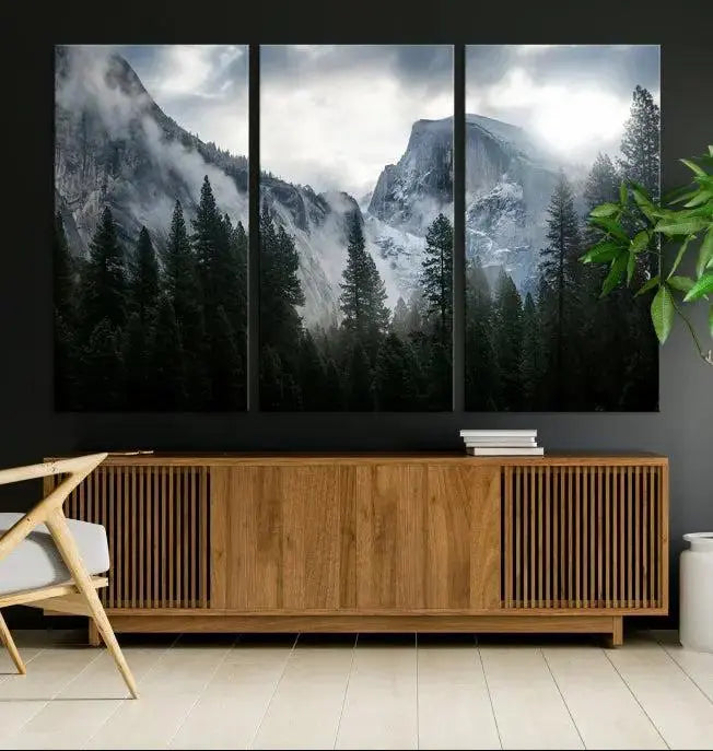 A captivating Wall Art Foggy Forest Landscape Canvas Print showcases misty mountains and pine trees. Bathed in soft light, this beautifully crafted scene on museum-quality canvas ensures a lasting impression.