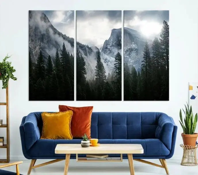 A captivating Wall Art Foggy Forest Landscape Canvas Print showcases misty mountains and pine trees. Bathed in soft light, this beautifully crafted scene on museum-quality canvas ensures a lasting impression.