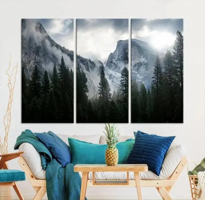 A captivating Wall Art Foggy Forest Landscape Canvas Print showcases misty mountains and pine trees. Bathed in soft light, this beautifully crafted scene on museum-quality canvas ensures a lasting impression.