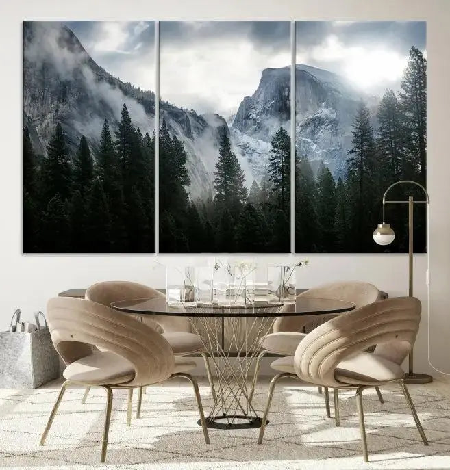 A captivating Wall Art Foggy Forest Landscape Canvas Print showcases misty mountains and pine trees. Bathed in soft light, this beautifully crafted scene on museum-quality canvas ensures a lasting impression.