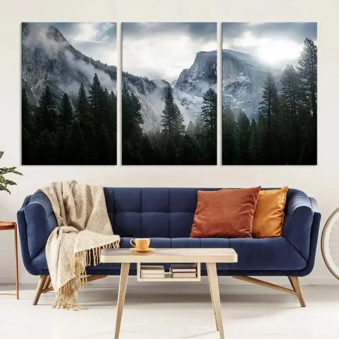 A captivating Wall Art Foggy Forest Landscape Canvas Print showcases misty mountains and pine trees. Bathed in soft light, this beautifully crafted scene on museum-quality canvas ensures a lasting impression.