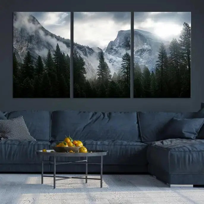 A captivating Wall Art Foggy Forest Landscape Canvas Print showcases misty mountains and pine trees. Bathed in soft light, this beautifully crafted scene on museum-quality canvas ensures a lasting impression.