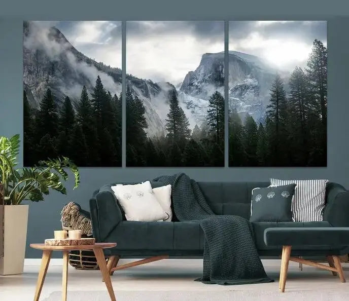 A captivating Wall Art Foggy Forest Landscape Canvas Print showcases misty mountains and pine trees. Bathed in soft light, this beautifully crafted scene on museum-quality canvas ensures a lasting impression.