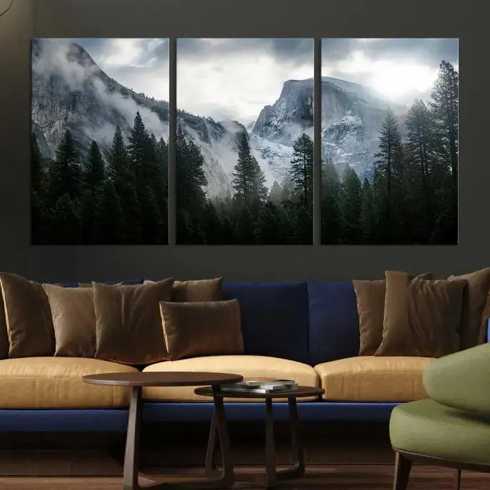 A captivating Wall Art Foggy Forest Landscape Canvas Print showcases misty mountains and pine trees. Bathed in soft light, this beautifully crafted scene on museum-quality canvas ensures a lasting impression.