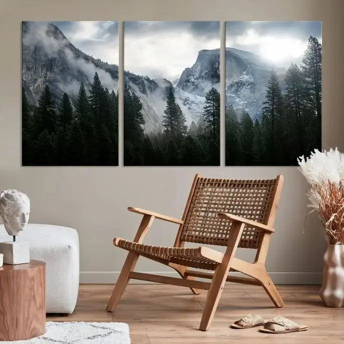 A captivating Wall Art Foggy Forest Landscape Canvas Print showcases misty mountains and pine trees. Bathed in soft light, this beautifully crafted scene on museum-quality canvas ensures a lasting impression.