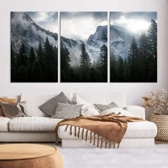 A captivating Wall Art Foggy Forest Landscape Canvas Print showcases misty mountains and pine trees. Bathed in soft light, this beautifully crafted scene on museum-quality canvas ensures a lasting impression.