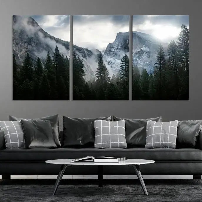 A captivating Wall Art Foggy Forest Landscape Canvas Print showcases misty mountains and pine trees. Bathed in soft light, this beautifully crafted scene on museum-quality canvas ensures a lasting impression.