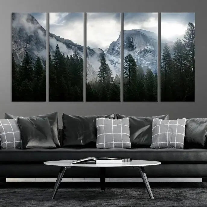 A captivating Wall Art Foggy Forest Landscape Canvas Print showcases misty mountains and pine trees. Bathed in soft light, this beautifully crafted scene on museum-quality canvas ensures a lasting impression.