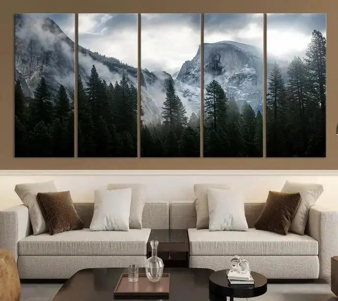 A captivating Wall Art Foggy Forest Landscape Canvas Print showcases misty mountains and pine trees. Bathed in soft light, this beautifully crafted scene on museum-quality canvas ensures a lasting impression.