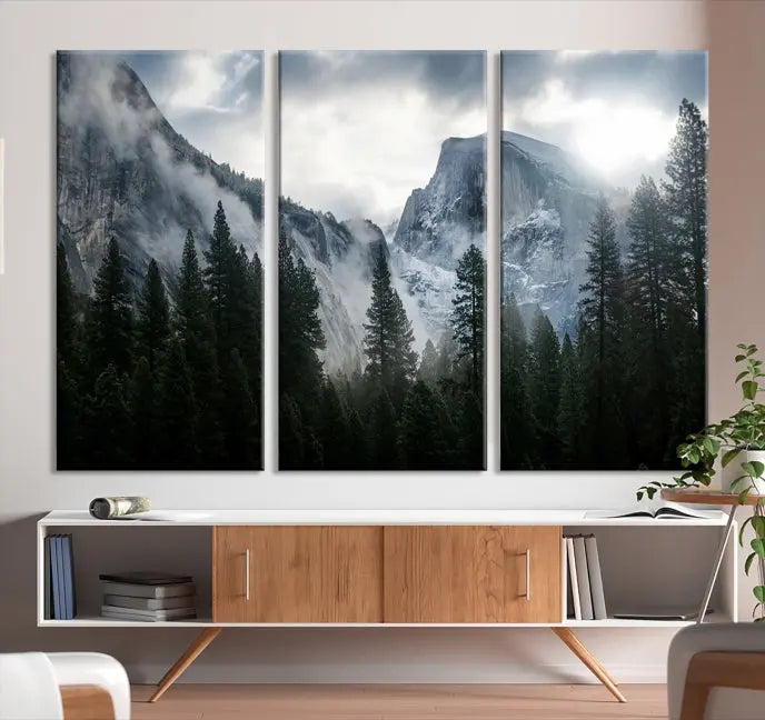 A captivating Wall Art Foggy Forest Landscape Canvas Print showcases misty mountains and pine trees. Bathed in soft light, this beautifully crafted scene on museum-quality canvas ensures a lasting impression.