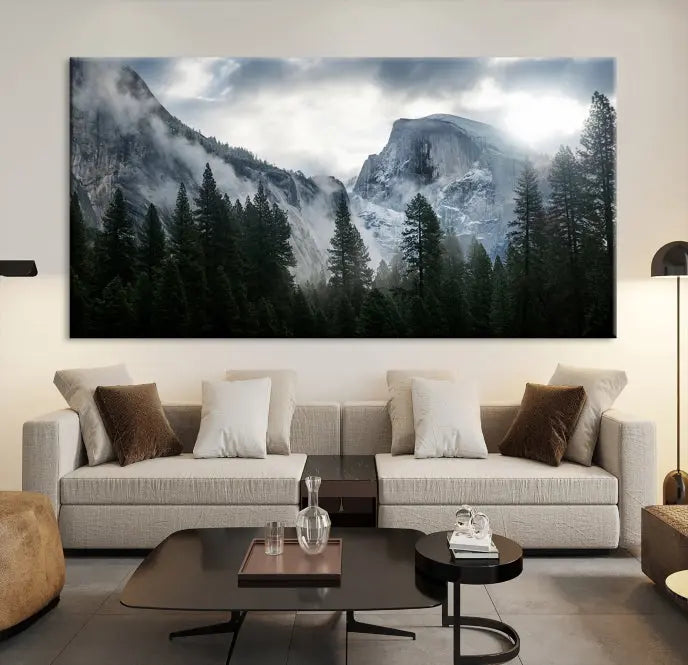 A captivating Wall Art Foggy Forest Landscape Canvas Print showcases misty mountains and pine trees. Bathed in soft light, this beautifully crafted scene on museum-quality canvas ensures a lasting impression.