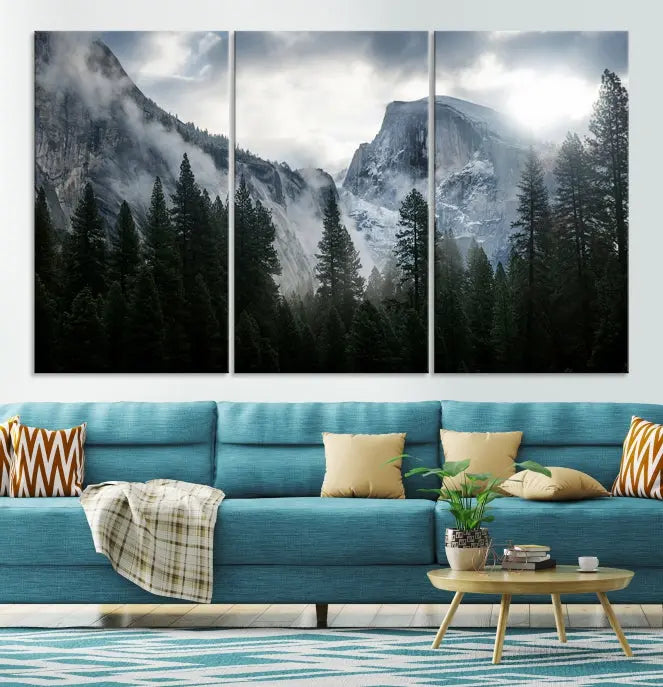 A captivating Wall Art Foggy Forest Landscape Canvas Print showcases misty mountains and pine trees. Bathed in soft light, this beautifully crafted scene on museum-quality canvas ensures a lasting impression.