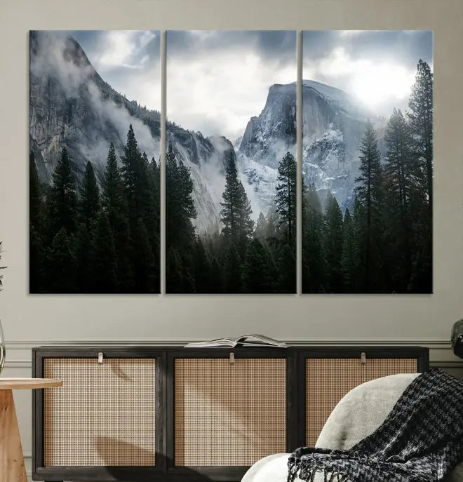 A captivating Wall Art Foggy Forest Landscape Canvas Print showcases misty mountains and pine trees. Bathed in soft light, this beautifully crafted scene on museum-quality canvas ensures a lasting impression.