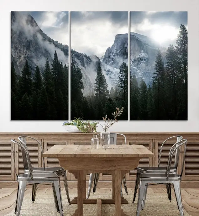 A captivating Wall Art Foggy Forest Landscape Canvas Print showcases misty mountains and pine trees. Bathed in soft light, this beautifully crafted scene on museum-quality canvas ensures a lasting impression.