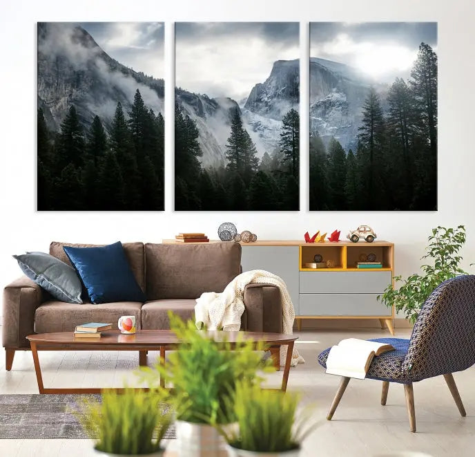 A captivating Wall Art Foggy Forest Landscape Canvas Print showcases misty mountains and pine trees. Bathed in soft light, this beautifully crafted scene on museum-quality canvas ensures a lasting impression.