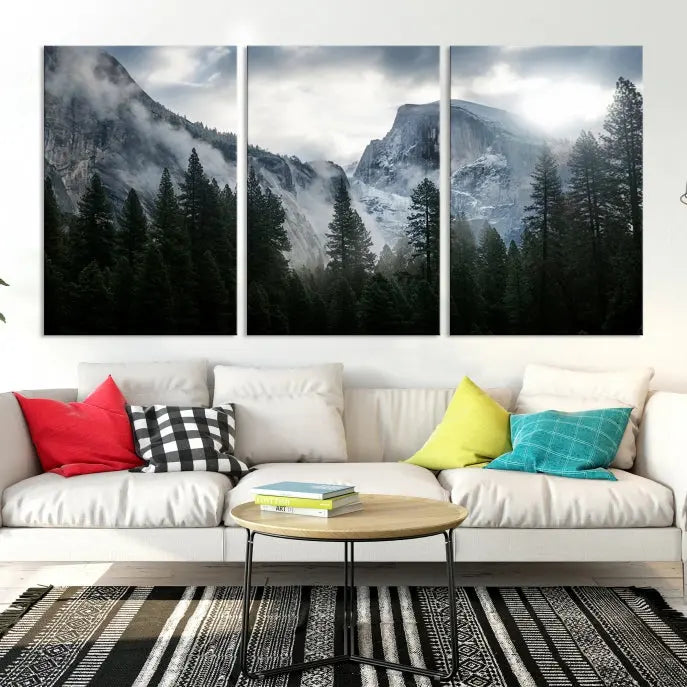 A captivating Wall Art Foggy Forest Landscape Canvas Print showcases misty mountains and pine trees. Bathed in soft light, this beautifully crafted scene on museum-quality canvas ensures a lasting impression.