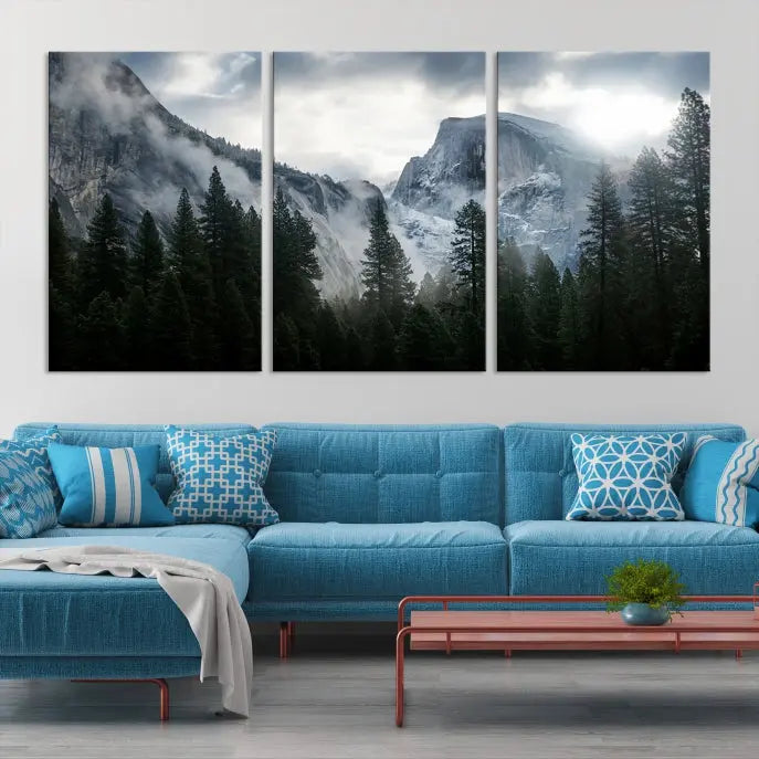 A captivating Wall Art Foggy Forest Landscape Canvas Print showcases misty mountains and pine trees. Bathed in soft light, this beautifully crafted scene on museum-quality canvas ensures a lasting impression.