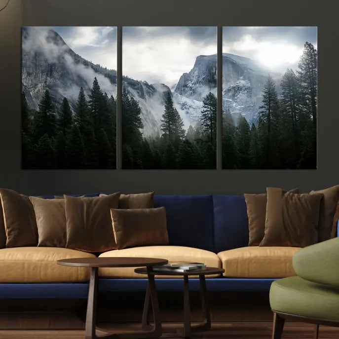 A captivating Wall Art Foggy Forest Landscape Canvas Print showcases misty mountains and pine trees. Bathed in soft light, this beautifully crafted scene on museum-quality canvas ensures a lasting impression.