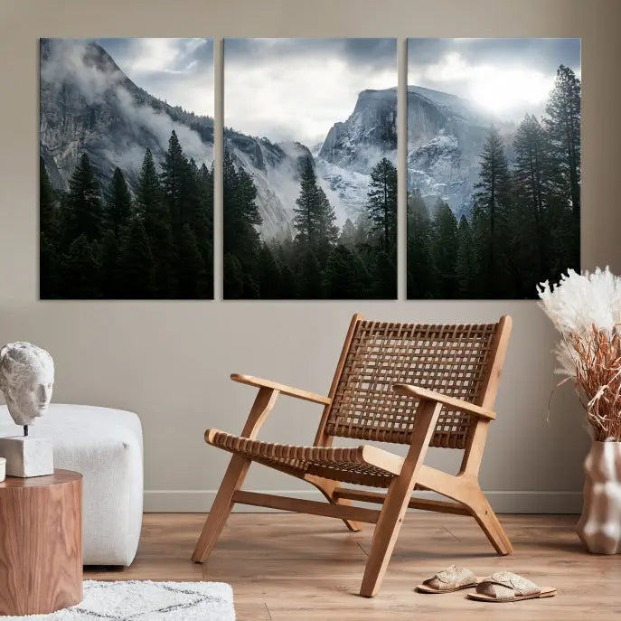 A captivating Wall Art Foggy Forest Landscape Canvas Print showcases misty mountains and pine trees. Bathed in soft light, this beautifully crafted scene on museum-quality canvas ensures a lasting impression.