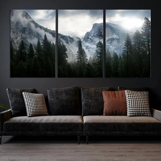 A captivating Wall Art Foggy Forest Landscape Canvas Print showcases misty mountains and pine trees. Bathed in soft light, this beautifully crafted scene on museum-quality canvas ensures a lasting impression.