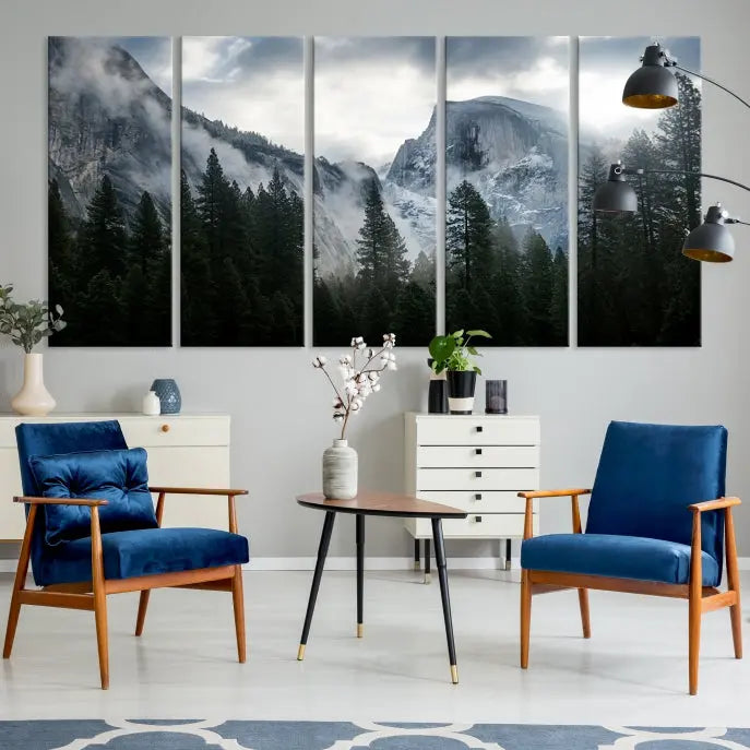 A captivating Wall Art Foggy Forest Landscape Canvas Print showcases misty mountains and pine trees. Bathed in soft light, this beautifully crafted scene on museum-quality canvas ensures a lasting impression.