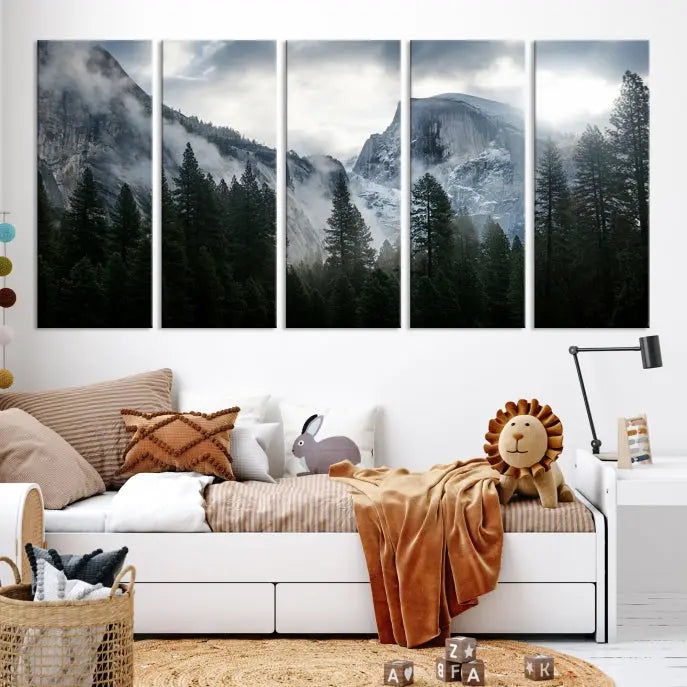 A captivating Wall Art Foggy Forest Landscape Canvas Print showcases misty mountains and pine trees. Bathed in soft light, this beautifully crafted scene on museum-quality canvas ensures a lasting impression.