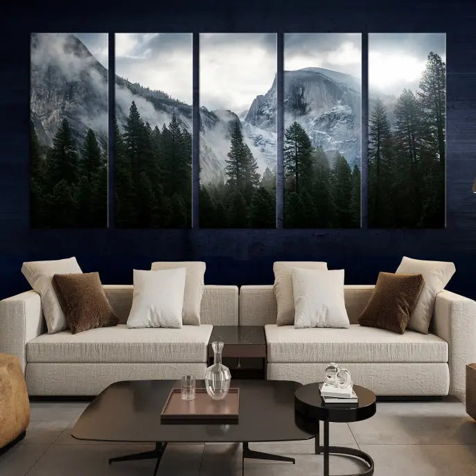 A captivating Wall Art Foggy Forest Landscape Canvas Print showcases misty mountains and pine trees. Bathed in soft light, this beautifully crafted scene on museum-quality canvas ensures a lasting impression.