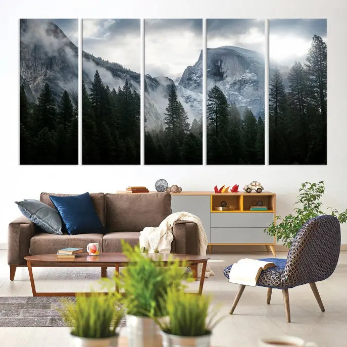 A captivating Wall Art Foggy Forest Landscape Canvas Print showcases misty mountains and pine trees. Bathed in soft light, this beautifully crafted scene on museum-quality canvas ensures a lasting impression.