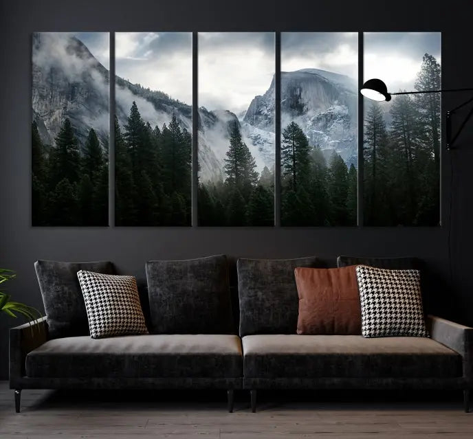 A captivating Wall Art Foggy Forest Landscape Canvas Print showcases misty mountains and pine trees. Bathed in soft light, this beautifully crafted scene on museum-quality canvas ensures a lasting impression.