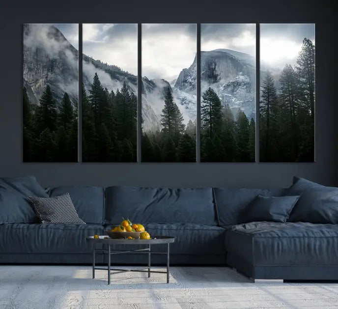 A captivating Wall Art Foggy Forest Landscape Canvas Print showcases misty mountains and pine trees. Bathed in soft light, this beautifully crafted scene on museum-quality canvas ensures a lasting impression.