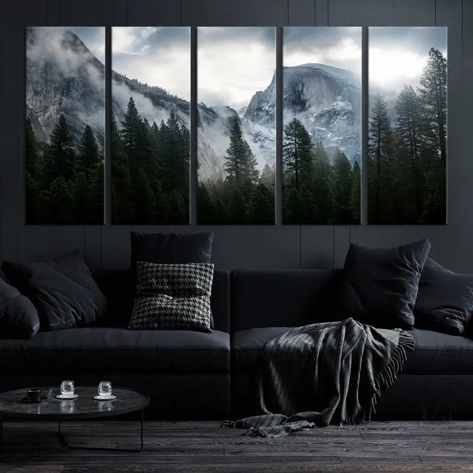 A captivating Wall Art Foggy Forest Landscape Canvas Print showcases misty mountains and pine trees. Bathed in soft light, this beautifully crafted scene on museum-quality canvas ensures a lasting impression.