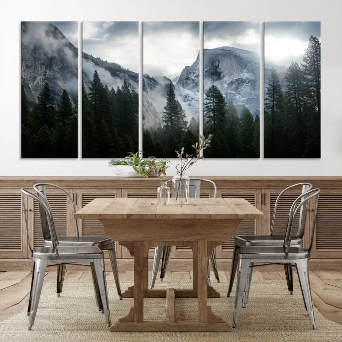 A captivating Wall Art Foggy Forest Landscape Canvas Print showcases misty mountains and pine trees. Bathed in soft light, this beautifully crafted scene on museum-quality canvas ensures a lasting impression.