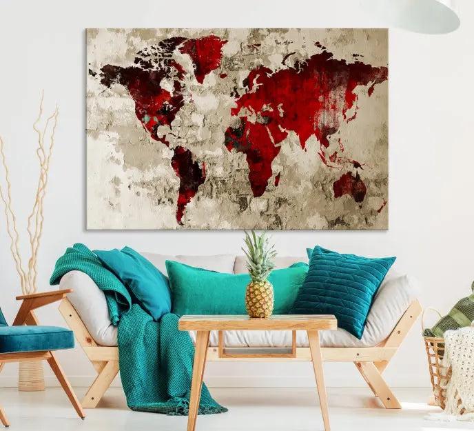 The Wall Art Grunge Red World Map Canvas Print features a three-panel design with red continents on a textured beige background and is elegantly gallery wrapped.