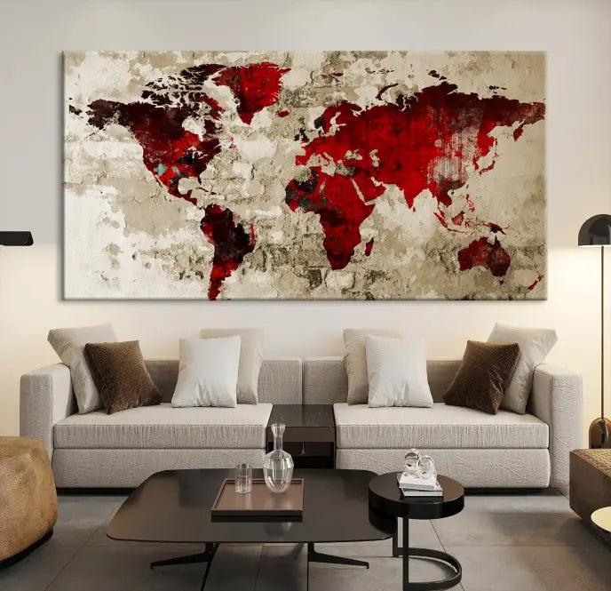 The Wall Art Grunge Red World Map Canvas Print features a three-panel design with red continents on a textured beige background and is elegantly gallery wrapped.