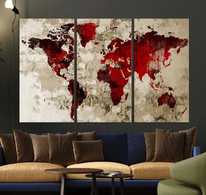 The Wall Art Grunge Red World Map Canvas Print features a three-panel design with red continents on a textured beige background and is elegantly gallery wrapped.