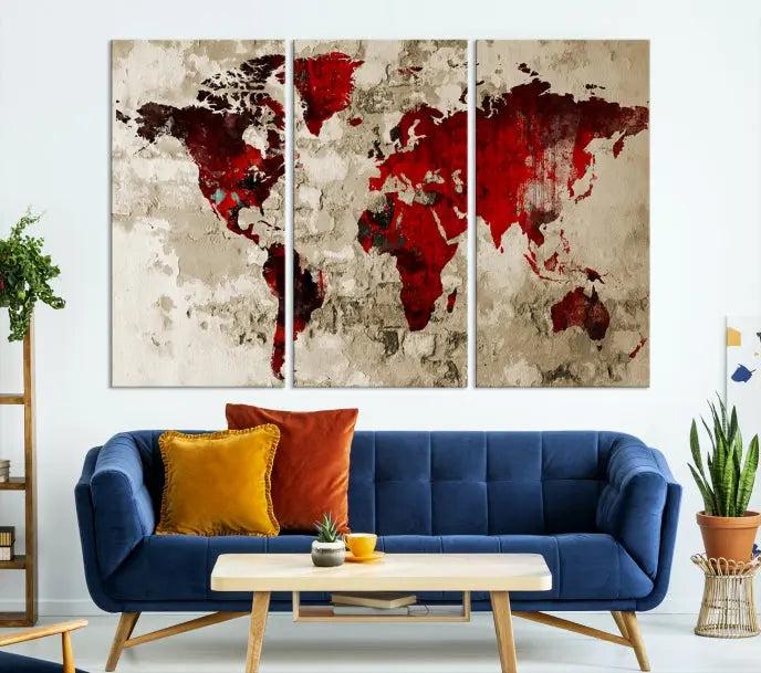 The Wall Art Grunge Red World Map Canvas Print features a three-panel design with red continents on a textured beige background and is elegantly gallery wrapped.