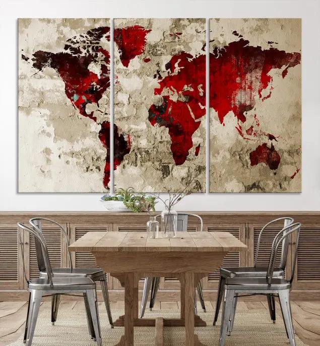 The Wall Art Grunge Red World Map Canvas Print features a three-panel design with red continents on a textured beige background and is elegantly gallery wrapped.