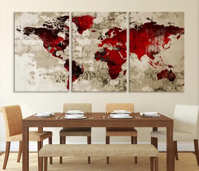 The Wall Art Grunge Red World Map Canvas Print features a three-panel design with red continents on a textured beige background and is elegantly gallery wrapped.