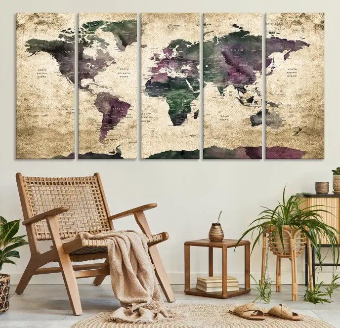 The living room features the Wall Art Grunge World Travel Map Canvas Print in a gallery-wrapped multi-panel design on the wall.