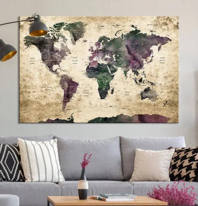 The living room features the Wall Art Grunge World Travel Map Canvas Print in a gallery-wrapped multi-panel design on the wall.