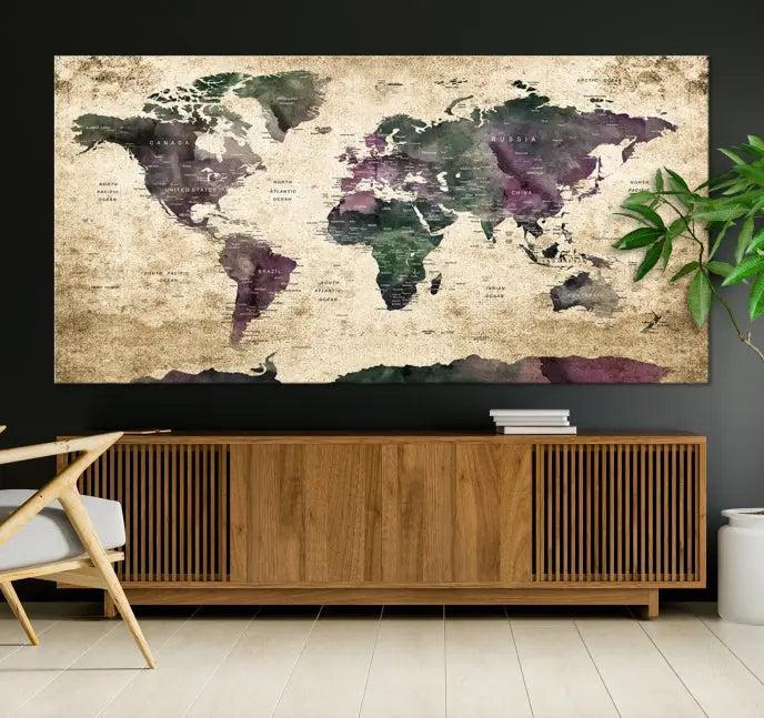 The living room features the Wall Art Grunge World Travel Map Canvas Print in a gallery-wrapped multi-panel design on the wall.