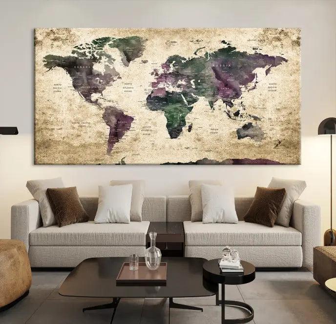 The living room features the Wall Art Grunge World Travel Map Canvas Print in a gallery-wrapped multi-panel design on the wall.