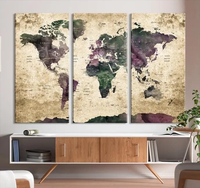 The living room features the Wall Art Grunge World Travel Map Canvas Print in a gallery-wrapped multi-panel design on the wall.