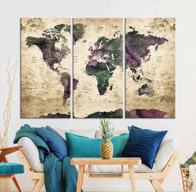 The living room features the Wall Art Grunge World Travel Map Canvas Print in a gallery-wrapped multi-panel design on the wall.