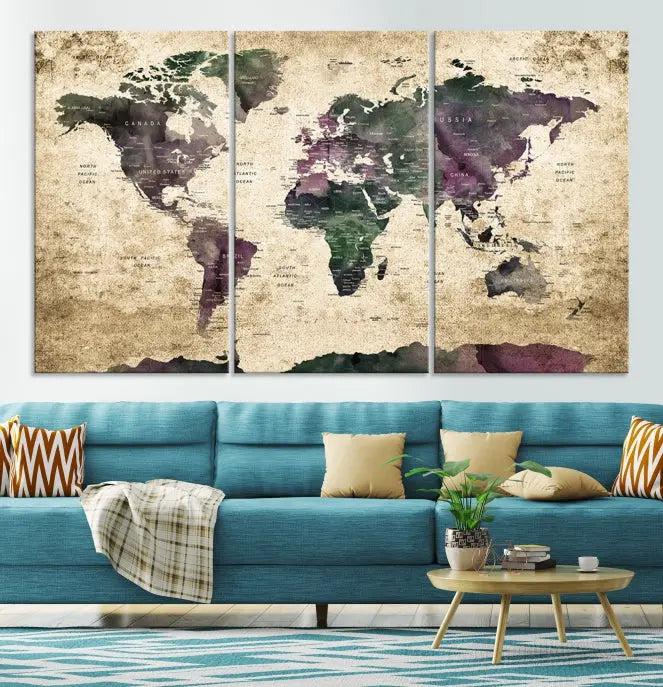 The living room features the Wall Art Grunge World Travel Map Canvas Print in a gallery-wrapped multi-panel design on the wall.