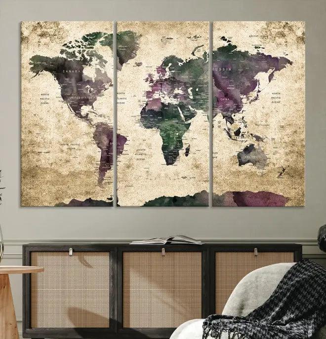 The living room features the Wall Art Grunge World Travel Map Canvas Print in a gallery-wrapped multi-panel design on the wall.