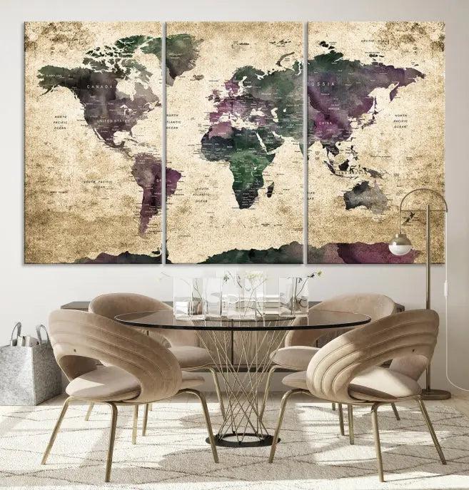 The living room features the Wall Art Grunge World Travel Map Canvas Print in a gallery-wrapped multi-panel design on the wall.